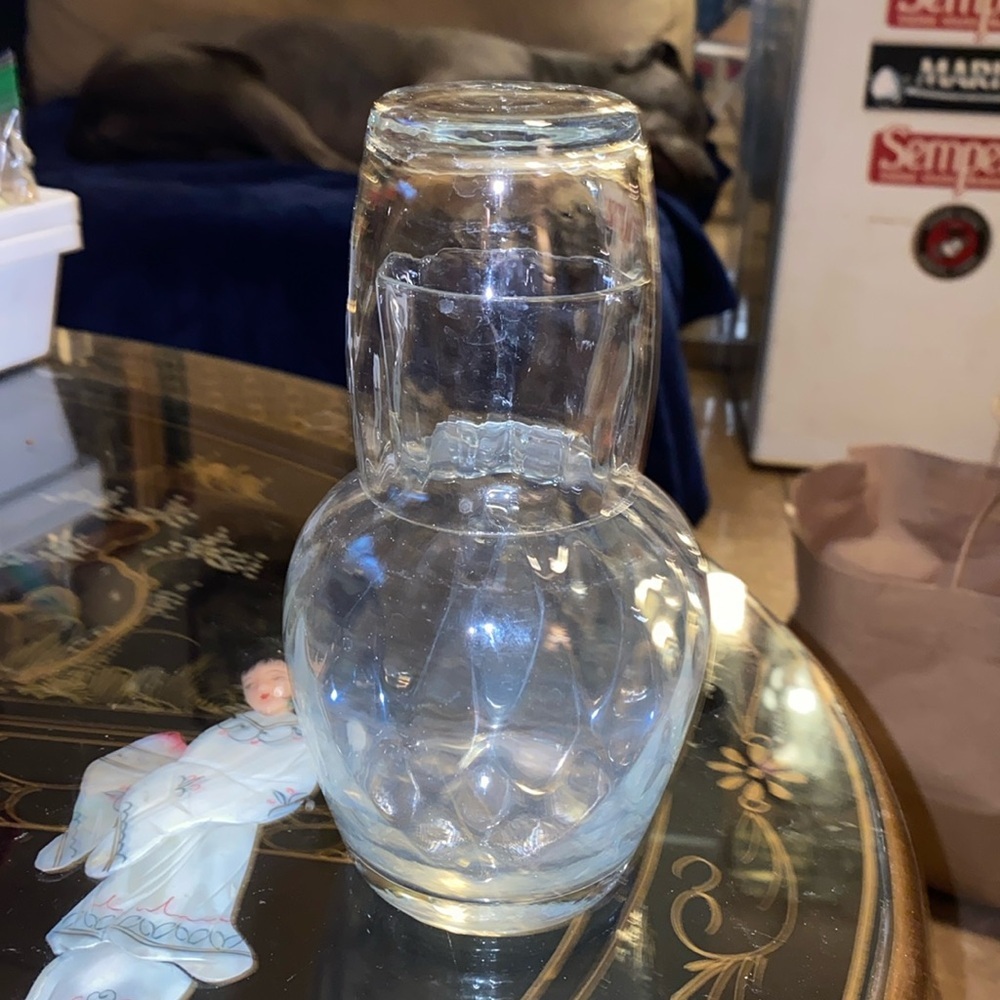 Bedside Water Carafe Vintage Etched Elegant Glass Night Stand Home Decor